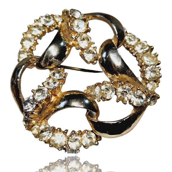 Vtg Interlocking Chain Brooch Open Flower Rhinestones Gold Tone Statement Pin - Picture 1 of 8